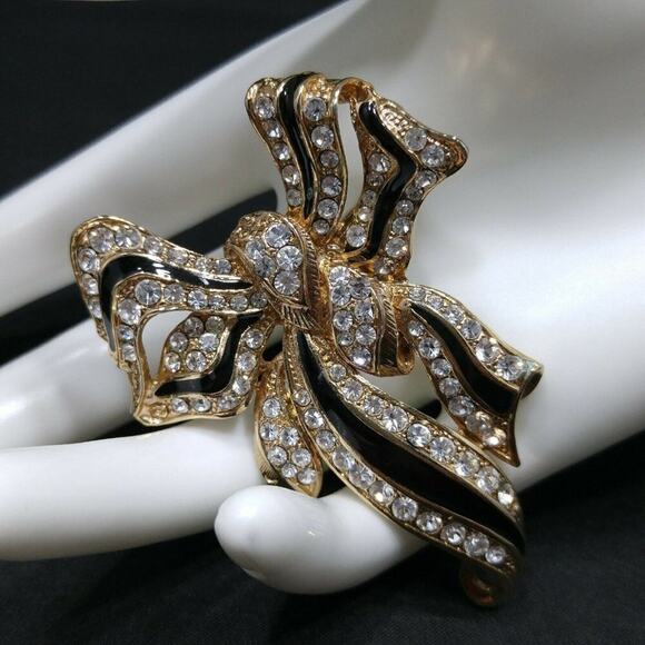 Vintage Black Enamel Bow Brooch, Clear Rhinestone Ribbons, Gold Tone - Picture 1 of 5